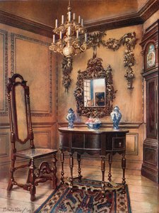 Paneling, com Grinling Gibbon Carvings. Espelho Frame, Walnut Table, William e Mary. Walnut Chair, Relógio Walnut de Charles Wesley