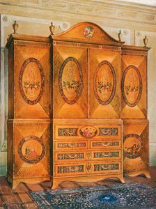 Guarda-roupa de cetim, incrustada com tulipas, madeira, azevinho, ébano, mogno e outras madeiras de Edwin John Foley