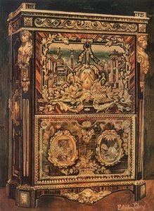 Secretaire vertical incrustado em várias madeiras, com montagens de bronze fundido, cravado e dourado de Edwin John Foley