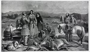 Rainha Victoria desembarque no Loch Muick, após a pintura de 1850 de Edwin Landseer
