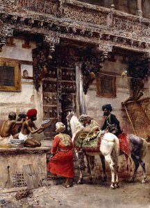 Artesão vendendo casos de um edifício de madeira de teca, Ahmedabad, c.1885 de Edwin Lord Weeks