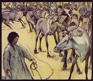 A Lapp Girl with Herd of Reindeer (cor litho)