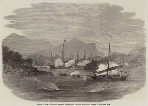 Barcos de HM Gun-Boat Flamer destruindo sucatas chinesas piratas na baía de Cho-Kee
