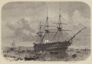 HMS Agamenon, 91 Guns, transportando a parte inglesa do cabo submarino do Atlântico em East Greenwich