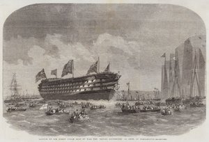 Lançamento, de, hm, parafuso, vapor, navio guerra, a, real, soberano, 131, armas, em, portsmouth
