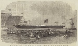 Lançamento do novo iate de sua majestade, Victoria e Albert, no Royal Dockyard, Pembroke