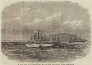 O Great Eastern deixando o porto de Portland com o cabo telegráfico submarino indiano britânico