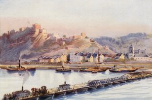 O Reno: Ehrenbreitstein, a ponte dos barcos (litografia a cores) de Effie Jardine