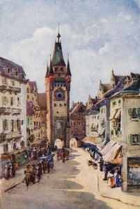 O Reno: Torre Velha, Freiburg-im-Breisgau (litografia a cores) de Effie Jardine