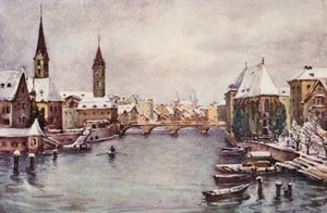 O Reno: O rio em Zurique, inverno (litografia a cores) de Effie Jardine