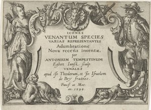 Impressão do título de uma série com cenas de caça Cenas de caça (título da série) Icones Venantum Species Varias Representantes (título da série no objeto)