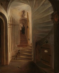 Portal de uma torre de escada, com um homem descendo as escadas: presumivelmente o momento antes do assassinato de William, o Silencioso no Prinsenhof, Delft de Egbert Lievensz. van der Poel (attributed to)