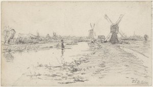 Paisagem com rio e dois moinhos de Egbert Rubertus Derk Schaap
