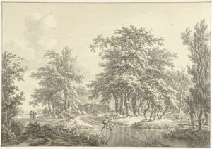 Paisagem repleta de árvores com alguns grupos de figuras de Egbert van Drielst