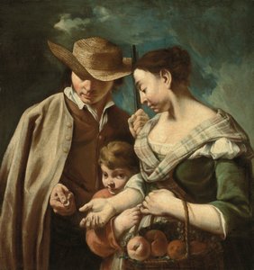 Um vendedor de fruta e um rapaz, com um cesto de pêssegos, pêras e uvas, numa paisagem, com um homem segurando uma arma e uma moeda, c.1705-84 (óleo sobre tela) de Egidio (attr.to) Dall