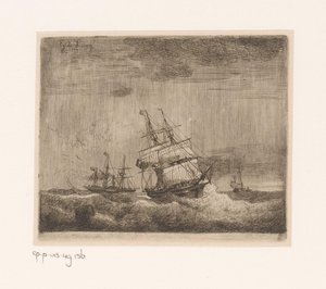 Navios à vela e um barco a vapor no mar de Egidius Linnig