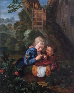 Rapazes com Pássaro Encurralado (óleo sobre painel de carvalho) de Eglon Hendrick van der Neer
