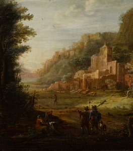 Paisagem arborizada com dois caçadores à entrada de um vale de Eglon van der Neer