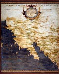 Fronteira das Índias Ocidentais e Mapa das Terras Desconhecidas feito por Egnazio Danti (1536-1586) matemático, cosmógrafo e arquiteto italiano. Por volta de 1567. Florença, Palazzo Vecchio, Sala del Mappamondo