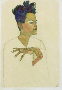 Auto-retrato com as mãos no peito. Trabalho de Egon Schiele (1890-1918), aguarela e giz sobre papel de Egon Schiele