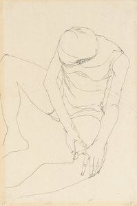 Nu feminino dobrado para a frente, ambas as mãos na coxa esquerda, 1913 de Egon Schiele
