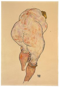 Nu feminino, puxando, meias, vista traseira, 1918
