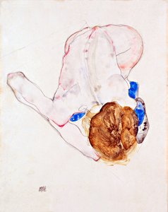 Mulher nua em meias azuis, inclinada para a frente - Guache sobre papel de Egon Schiele (1890-1918) de Egon Schiele