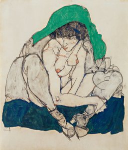 Mulher agachada com lenço verde na cabeça de Egon Schiele
