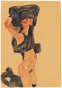 Garota ajoelhada puxando a saia pela cabeça, 1910. de Egon Schiele