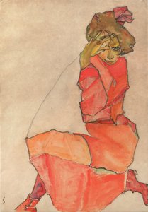 Ajoelhando-se feminino em vestido laranja-vermelho