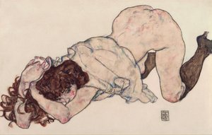Menina ajoelhada, apoiada nos dois cotovelos de Egon Schiele
