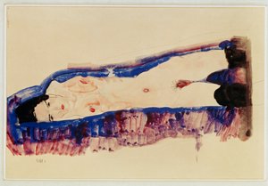 Nu em decúbito dorsal com meias pretas ... (aguarela e lápis) de Egon Schiele