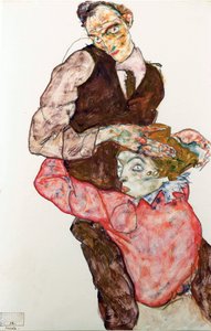 Amantes - Schiele, Egon (1890-1918) - 1914-1915 - Giz preto, Guache sobre Papel - 47,4x30,5 - Museu Leopold, Viena de Egon Schiele