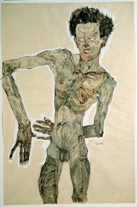 Macho Nu (Auto Retrato). Desenho de Egon Schiele (1890-1918), 1910. Lápis, aquarela e têmpera sobre papel. Dim: 55,7x36,8cm. Viena, Graphische Sammlung Albertina