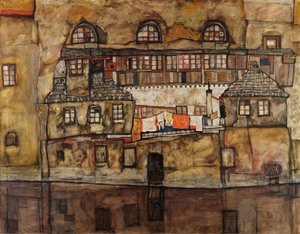Muro de casas no rio - Pintura de Egon Schiele (1890-1918), óleo sobre tela de Egon Schiele