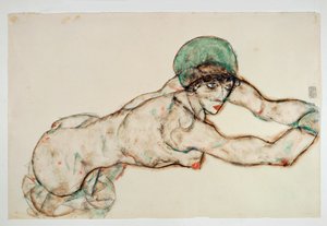 Mulher nua deitada à direita com gorro verde (aguarela e lápis) de Egon Schiele