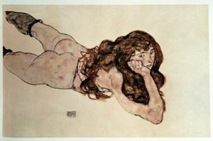 Feminino nu com barriga lisa. Desenho por Egon Schiele