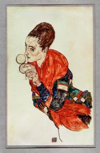 Retrato da atriz Marga Boerner com caixa de pó ... (guache e lápis de cor preto) de Egon Schiele