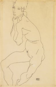 Nu feminino sentado com a mão no queixo, 1914 de Egon Schiele