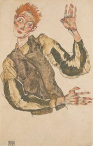 Autorretrato com proteções de mangas às riscas de Egon Schiele