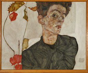 Autorretrato com lanterna chinesa e frutos (pintura sobre madeira) de Egon Schiele