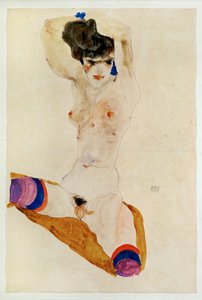 Rapariga nua, sentada, com a cabeça por cima ... (aguarela e lápis) de Egon Schiele