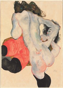 Mulher com calça vermelha e nu feminino em pé; Mulher deitada com calças vermelhas e nu feminino em pé, 1912 de Egon Schiele
