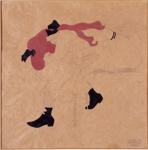Moça com fita preta no cabelo vermelho, calçar os sapatos, 1909 de Egon Schiele