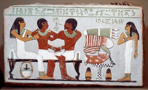Antiquite egípcia: estela funerária pintada com calcário representando a família de Amenemhet (Amenemhat)