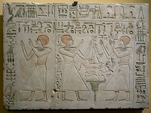 Mery, Hetepuy e Khety, chanceleres conjuntos durante o reinado de Senwosret (Sesostris) I, estela calcária pintada, civilização egípcia, Reino do Meio, Dinastia XII