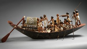 Modelo Barco Esportivo do Túmulo de Meketre, c.1981-1975 a.C. (madeira rebocada e pintada, linho, fio de linho, cobre) de Egyptian 12th Dynasty