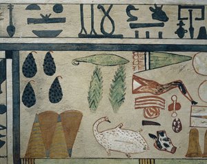 Detalhe de painel representando várias ofertas alimentares, do sarcófago de Irinimenpu de Egyptian 12th Dynasty