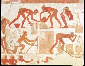 Construção de um muro, a partir do Túmulo de Rekhmire, vizir de Tuthmosis III e Amenhotep II, Novo Reino (ver 202228 para detalhes) de Egyptian 18th Dynasty