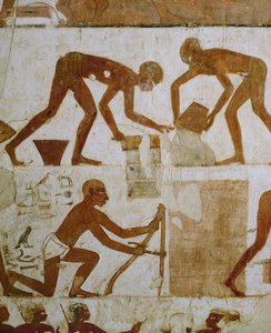 Artesãos na construção de um templo (pintura mural) de Egyptian 18th Dynasty